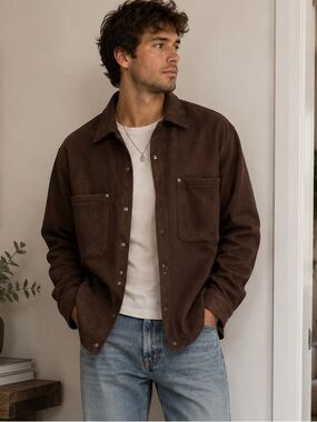 Kuwalla Tee Suede Overshirt Dark Chocolate Snap‎ Button Shirt Jacket Small NWT
